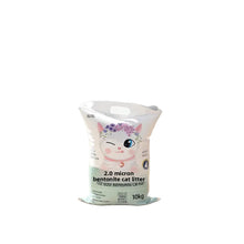 10kg bag of bentonite clumping cat litter with a low-dust formula and illustrated cat design on the packaging