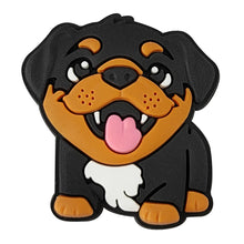 black and yellow dog crocs charm on a white background
