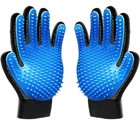blue pet grooming gloves on a white background