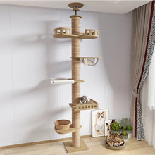 cat playing with 5 level indoor cat tree post