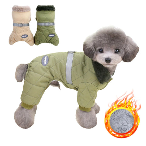 Fur Collar Dog Jumpsuit with D-Ring - Winter Coat for Small Dogs