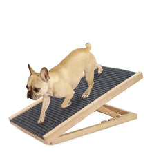 French Bulldog walking down an adjustable wooden dog ramp with a black non-slip surface