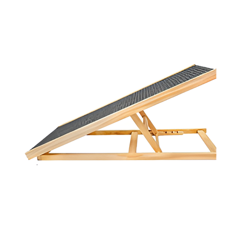 Adjustable wooden dog ramp with a black non-slip walking surface and folding support frame