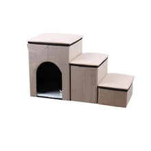 Beige three-step pet stairs with padded steps and a built-in enclosed pet house