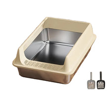 Beige high-sided stainless steel cat litter tray with open front and two litter scoops