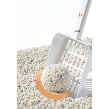 Bentonite cat litter forming a compact clump beside a litter scoop, showing the clumping texture and granules