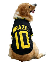 Golden Retriever wearing a black Brazil 10 football-style dog jersey with yellow lettering and trim