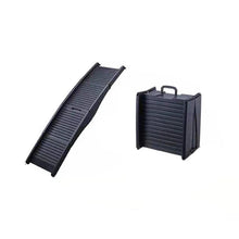 Black foldable dog ramp shown open and folded, with ridged non-slip surface and built-in carry handle