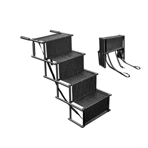 Black foldable four-step pet stairs with a metal frame, textured steps and support straps for dogs and cats