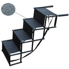 Black foldable four-step pet stairs with paw-print non-slip fabric, metal frame and support straps for dogs and cats