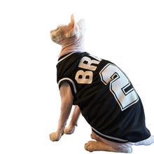 Sphynx cat wearing a black number 23 sports-style pet jersey with bold white lettering and trim
