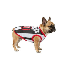 French Bulldog wearing a black and white mesh soccer-style dog jersey with red trim and football graphics