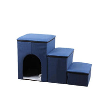 Blue three-step pet stairs with padded steps and a built-in enclosed pet house