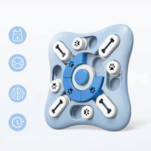 Blue interactive dog puzzle toy with sliding treat compartments and central button for mental stimulation and enrichment