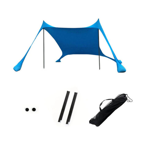 Blue portable beach sun shade canopy kit with support poles, anchor balls and carry bag