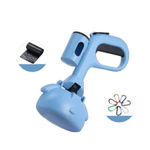 Blue portable dog poop scooper with built-in waste bag dispenser, ergonomic handle and carabiner clip