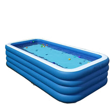 Blue rectangular inflatable dog swimming pool filled with water and colourful floating balls