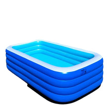 Blue rectangular inflatable dog swimming pool with deep sides and a white top rim for outdoor pet cooling and play