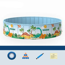 Blue round foldable kids pool with colourful dinosaur print, shown with pump, floating ring and play balls