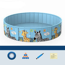 Blue round foldable kids pool with zebra and giraffe print, shown with a pump, floating ring and colourful balls