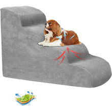 Cavalier King Charles Spaniel resting on grey foam dog stairs with a breathable textured cover