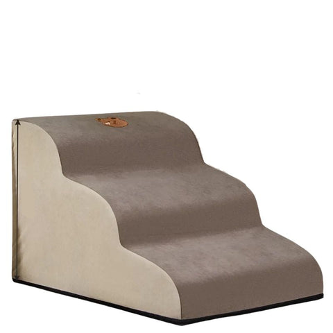 Brown three-step pet stairs with soft fabric covering and beige side panels for dogs and cats