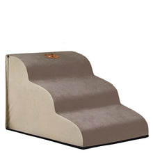 Brown three-step pet stairs with soft fabric covering and beige side panels for dogs and cats