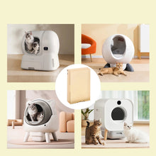 Cat litter box odour eliminator sheet shown with several automatic litter boxes and cats