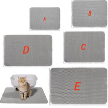 Cat litter trapping mat shown in multiple size options, with a cat sitting on the mat beside a litter tray