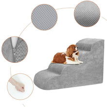 Cavalier King Charles Spaniel resting on grey foam dog stairs with a textured non-slip cover and removable zip cover