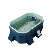 Compact rectangular dog swimming pool filled with water and floating toys, with reinforced side panels and support legs