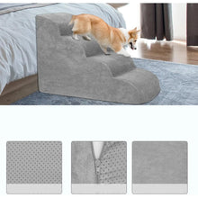 Corgi using grey foam dog stairs beside a bed, with a textured non-slip cover and removable zip cover