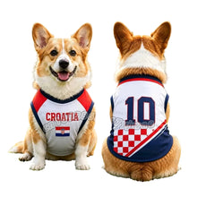 Corgi wearing a white, red and navy Croatia 10 football-style dog jersey with checkered detailing
