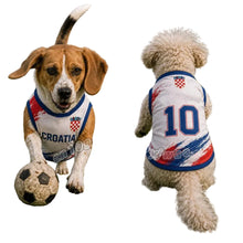 Two dogs wearing white Croatia 10 football-style jerseys with red and blue detailing, one pictured with a soccer ball