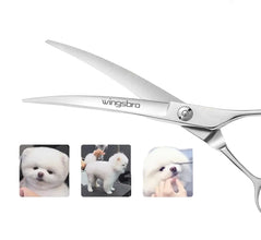 Curved dog grooming scissors shown for shaping and trimming a dog's face, legs and coat