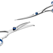 Curved dog grooming scissors with rounded safety tips and adjustable tension for trimming around the face and paws