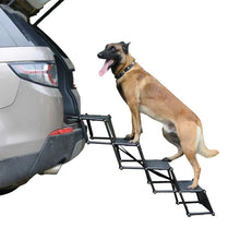 Large dog using black foldable pet stairs to climb into the open boot of an SUV