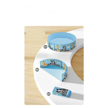 Blue foldable kids pool shown open, partially folded and packed flat for compact storage