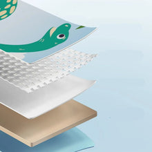 Close-up of foldable kids pool material showing reinforced multi-layer construction beneath a dinosaur-print outer surface