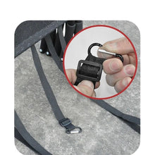 Close-up of a foldable pet stair safety strap with adjustable buckle and metal clip for secure attachment