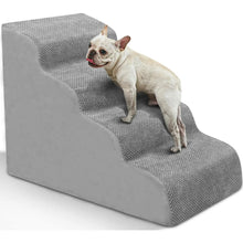 French Bulldog using grey foam dog stairs with a textured non-slip cover for easier access to furniture