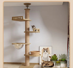 cat licking paw on the cat tower