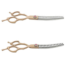 Gold curved dog grooming chunker shears with two tooth patterns for blending, shaping and texturising pet coats