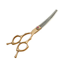 Gold curved dog grooming thinning scissors with fine teeth for blending and shaping pet coats