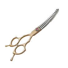 Gold curved dog grooming chunker shears with wide teeth for blending, shaping and texturising pet coats