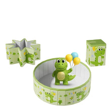 Green foldable kids pool with crocodile print shown open, folded and packed into a compact storage shape