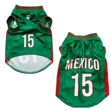 Front and back views of a green Mexico 15 football-style dog jersey with red side panels and striped trim