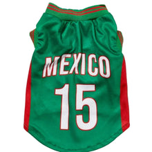 Green Mexico 15 dog football jersey with red side panels and striped trim