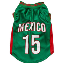 Green Mexico 15 football-style dog jersey with red side panels and striped trim