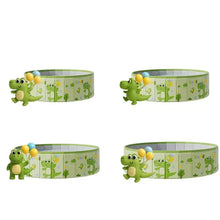 Green round foldable kids pool with crocodile print shown from multiple angles with a cartoon crocodile and balloons